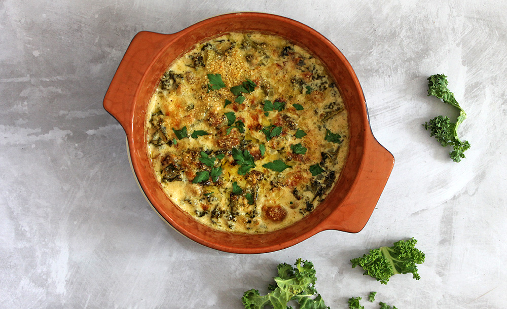 Kale, Mushroom And Pancetta Bake