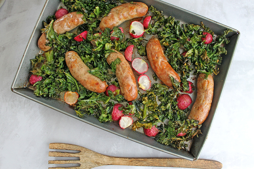 Sausage, Radish and Kale Bake