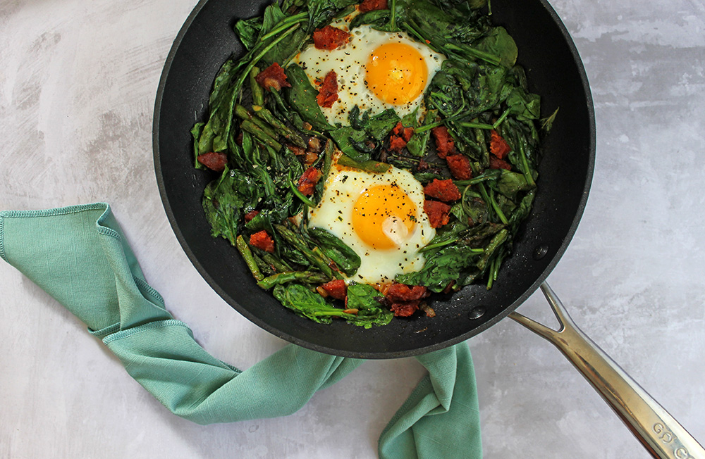 Chorizo and Eggs with Spinach and Asparagus