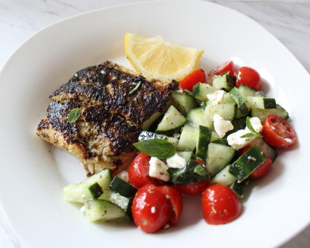 Blackened Cod w Mediterranean Side Salad