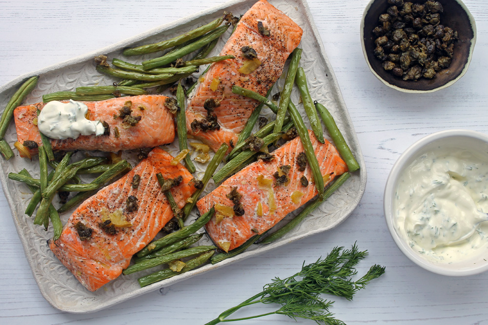 Lemon Roasted Salmon And Green Beans With Crème Fraiche And Crispy Capers