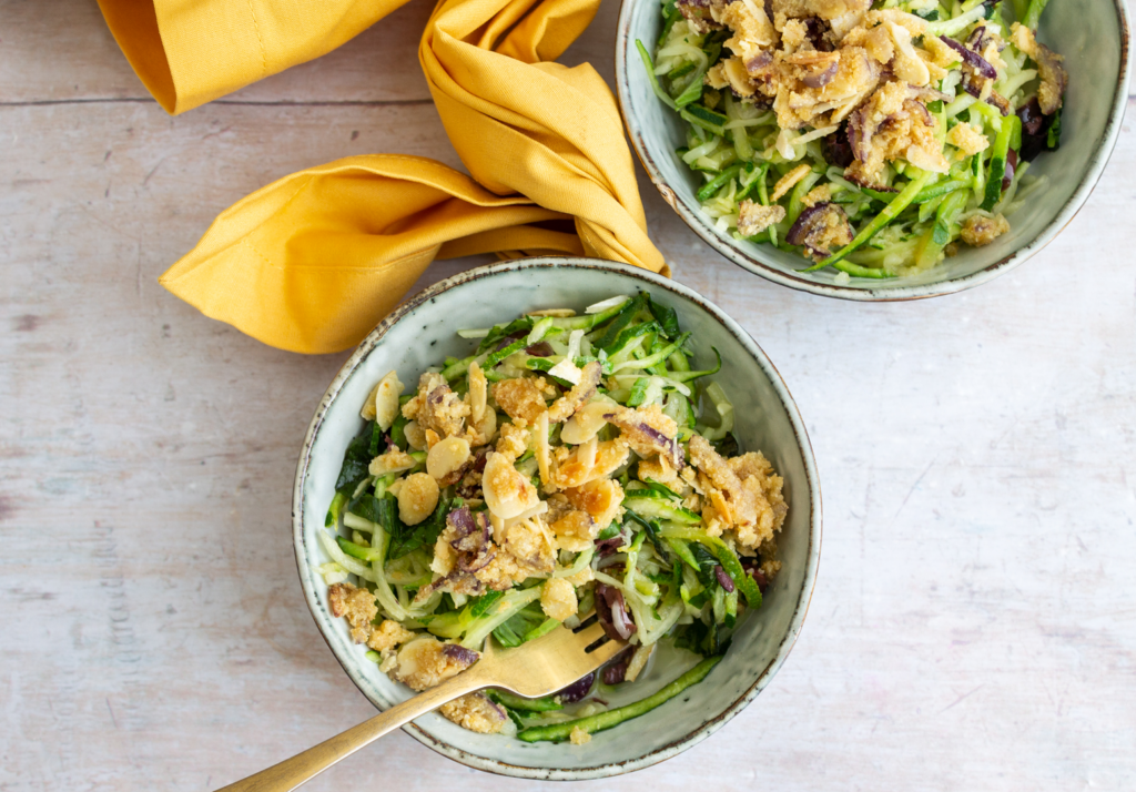 Zucchini Pasta with Crunchy Almond Topping
