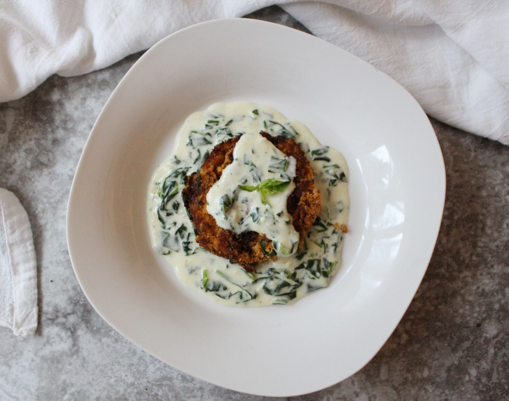 Crab Cakes w Spinach Alfredo Sauce