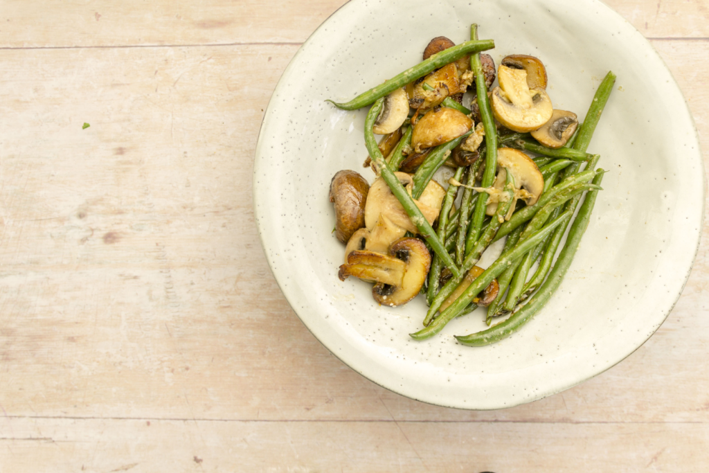 Buttery Mushrooms and Green Beans with Lemon and Parmesan