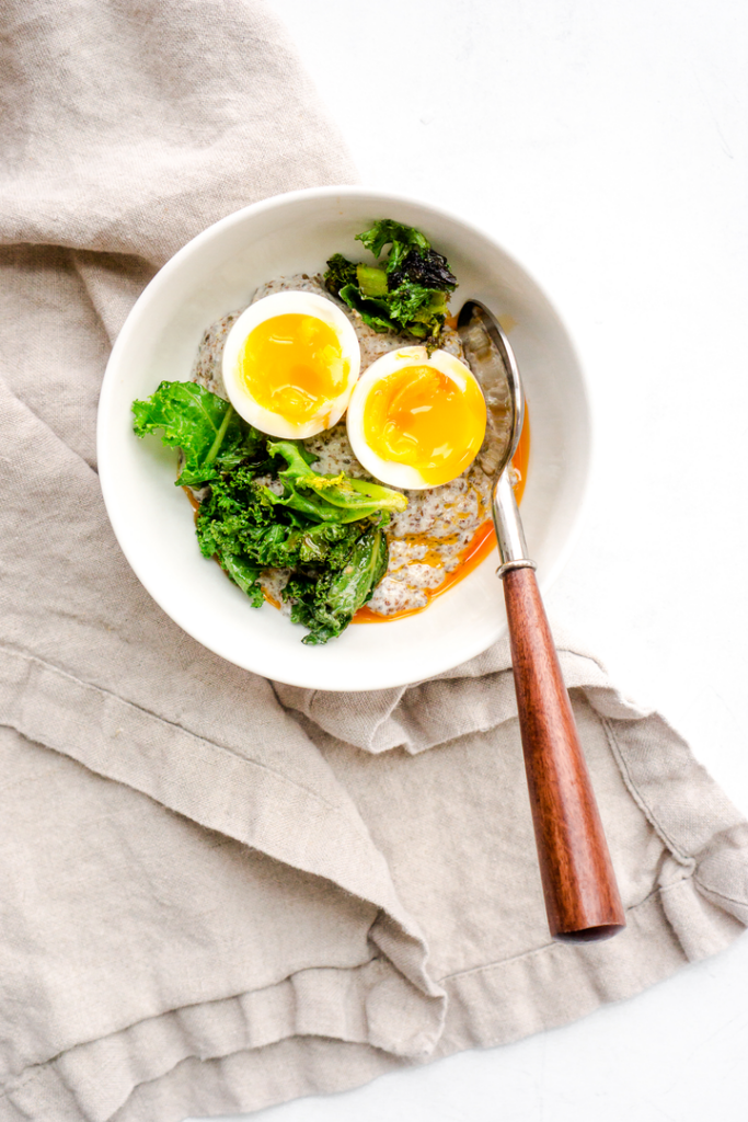 Oatmeal with Soft Boiled Egg and Miso Kale