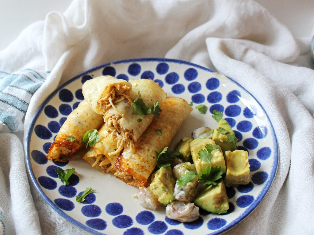 Chicken Taquitos w Marinated Avocado Shrimp Salad