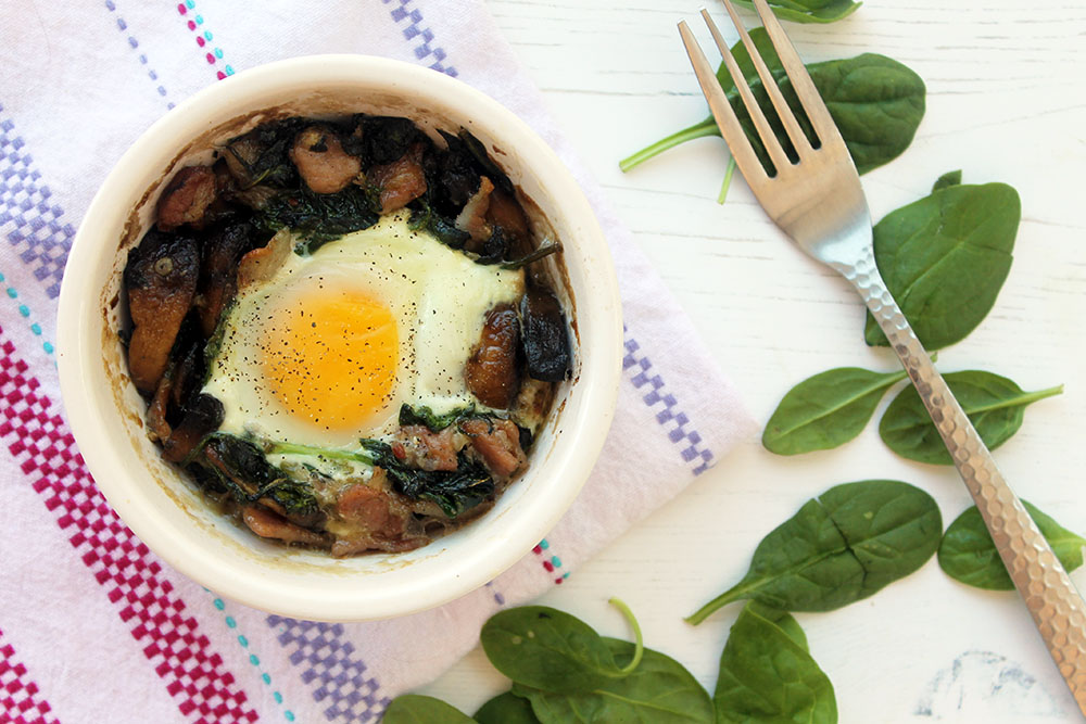 Spinach, Bacon And Blue Cheese Baked Eggs