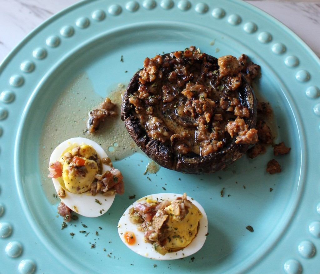 Portobello Mushrooms w Italian Sausage Gravy and Muffuletta Deviled Eggs