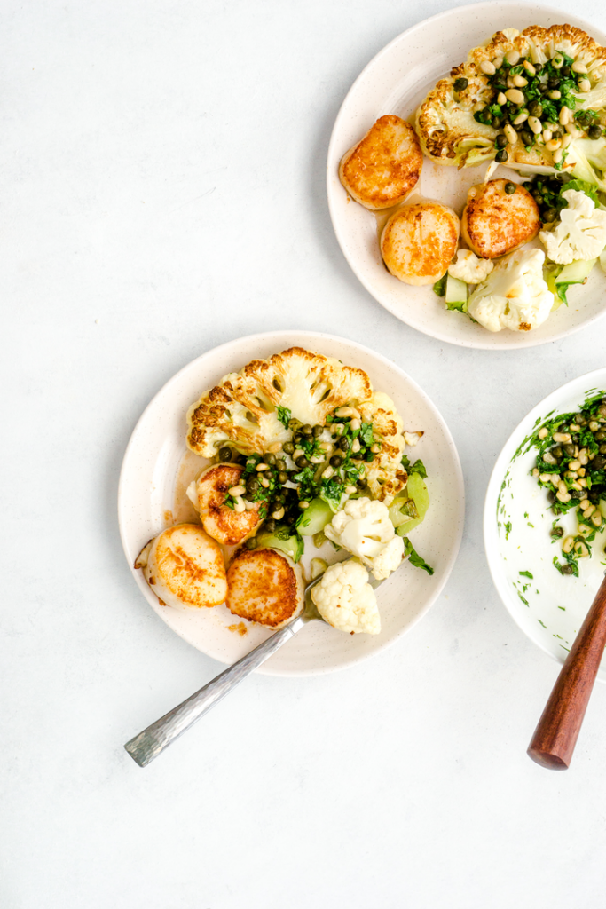 Pan Seared Butter Basted Scallops with Roasted Cauliflower Steaks and Capers