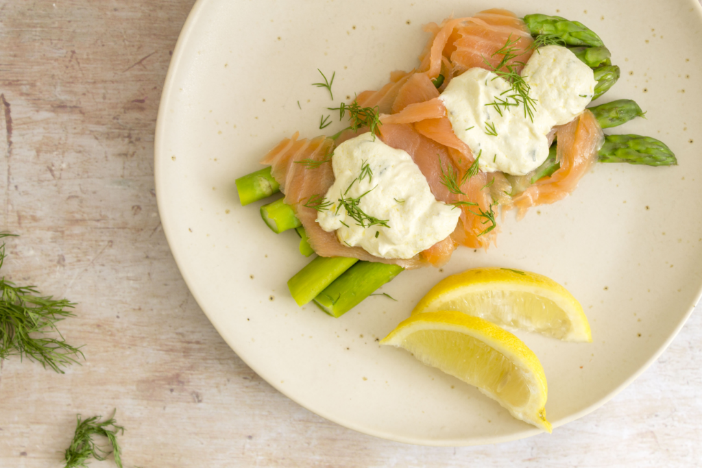 Asparagus with Smoked Salmon and Creme Fraiche