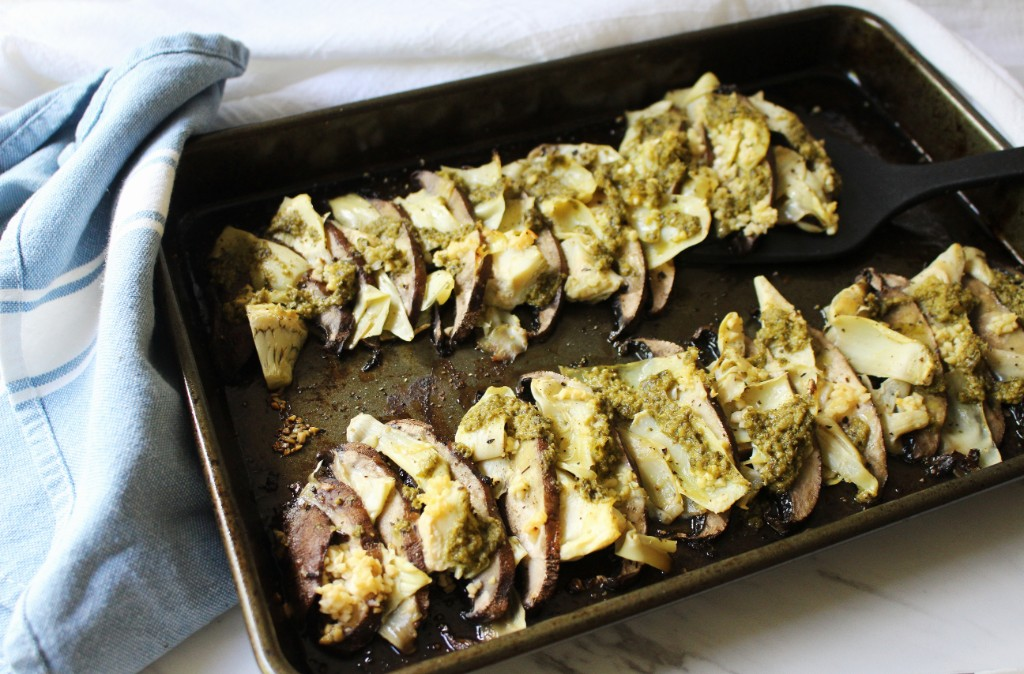 Pesto Portabella Artichoke Sheet Pan