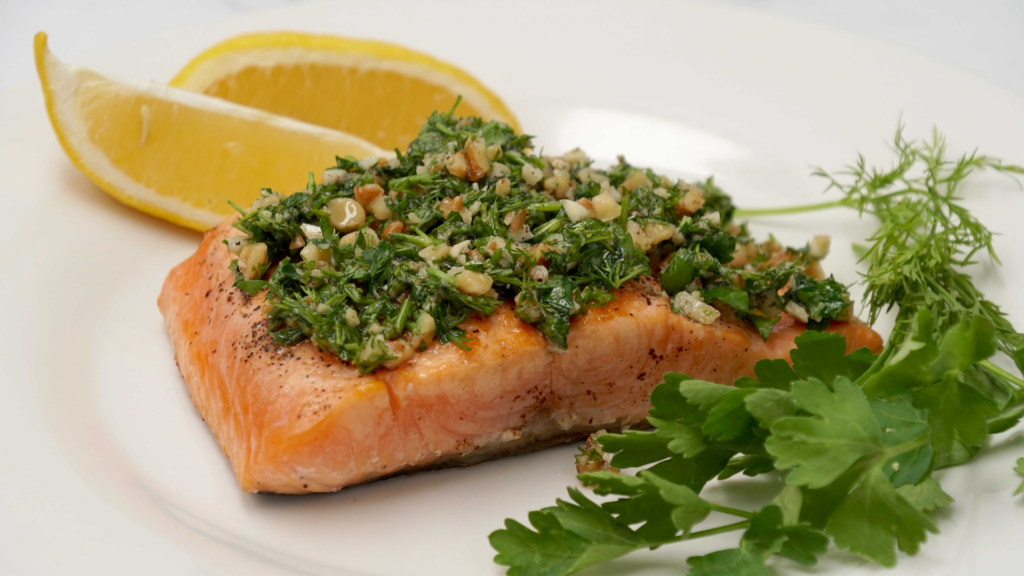 Seared Salmon With Walnut Pesto