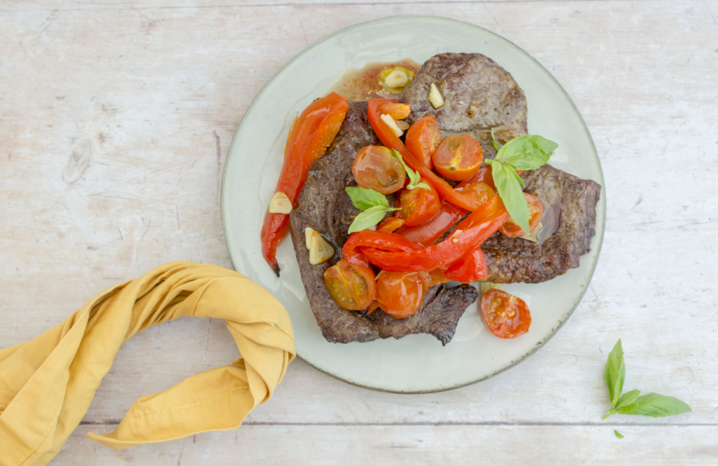 Air Fryer Steak with Roasted Tomatoes and Peppers