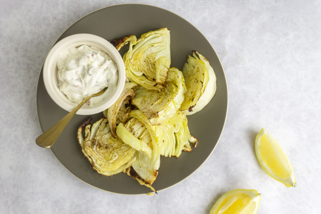 Lemony Roasted Cabbage Wedges with Caper and Anchovy Dip