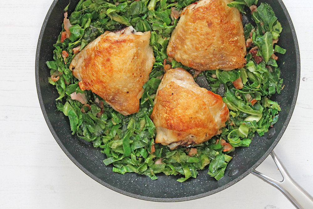 Chicken Thighs With Bacon And Collard Greens