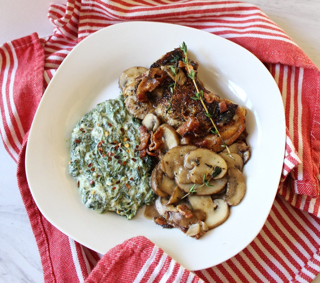 Chicken Bacon Mushroom Skillet with Romano Creamed Spinach