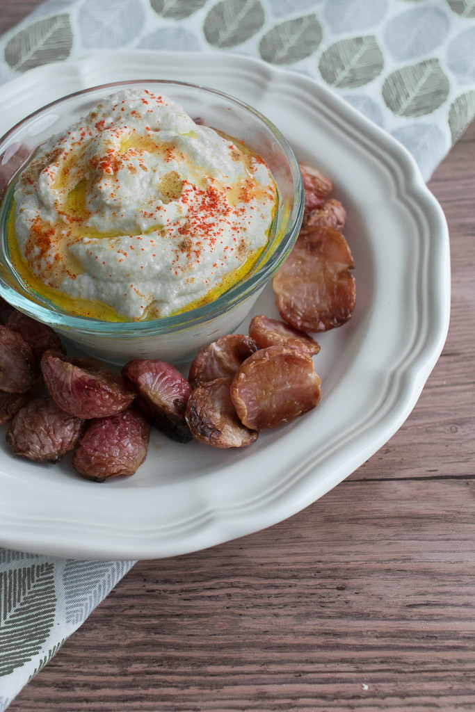 Cauliflower Artichoke Hummus With Roasted Radishes