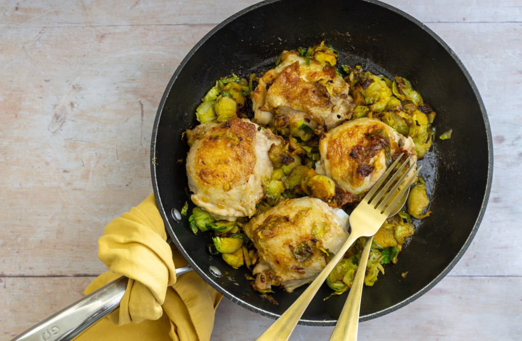 Sticky Orange Chicken Thighs with Brussels Sprouts