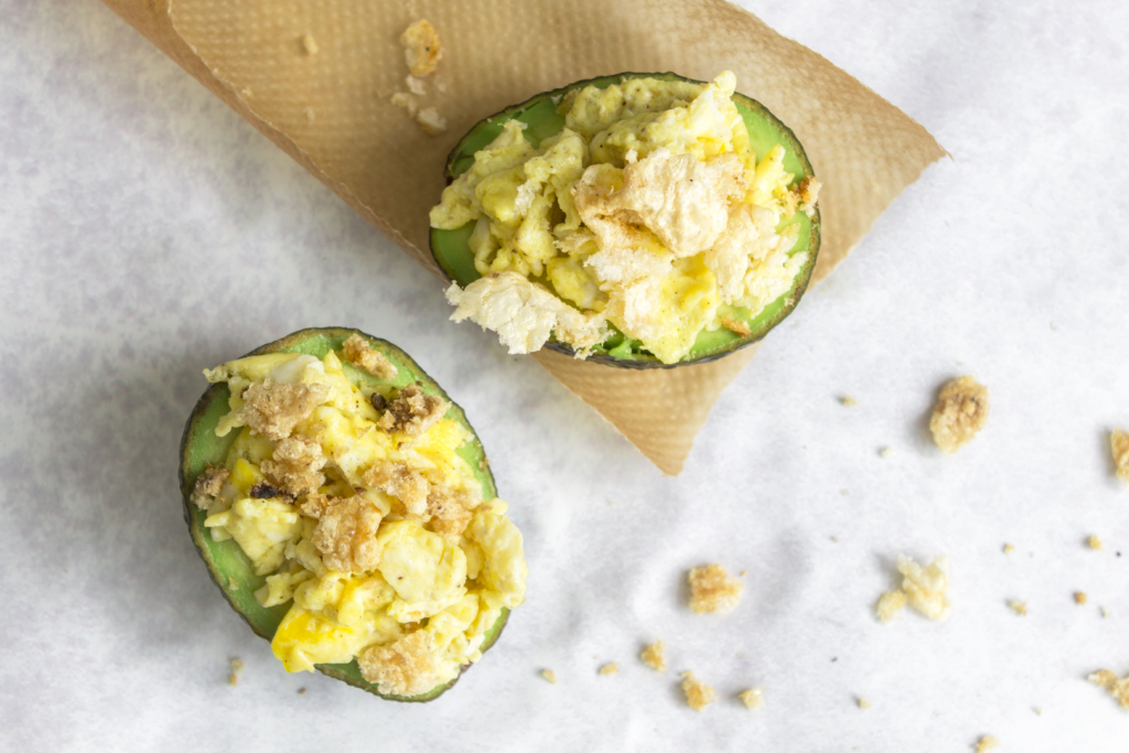 Avocado Boats with Scrambled Eggs and Crispy Pork Rinds