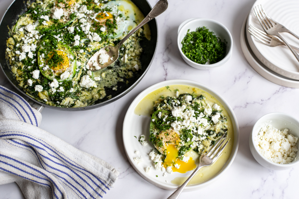 ‘Shakshukado’ Green shakshuka with Avocado, Feta and Dill