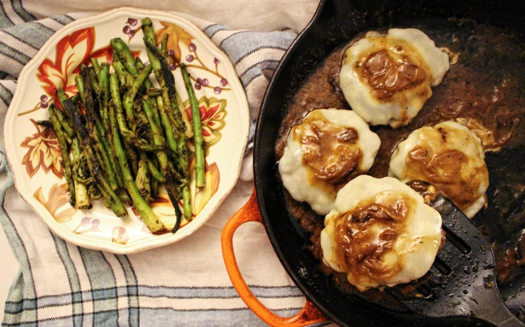 French Onion Salisbury Steaks W Charred Asparagus