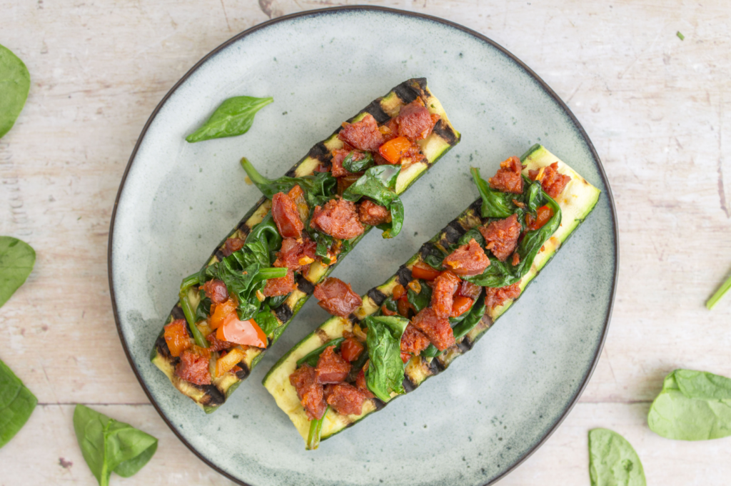 Chorizo, Spinach and Bell Pepper Zucchini Boats