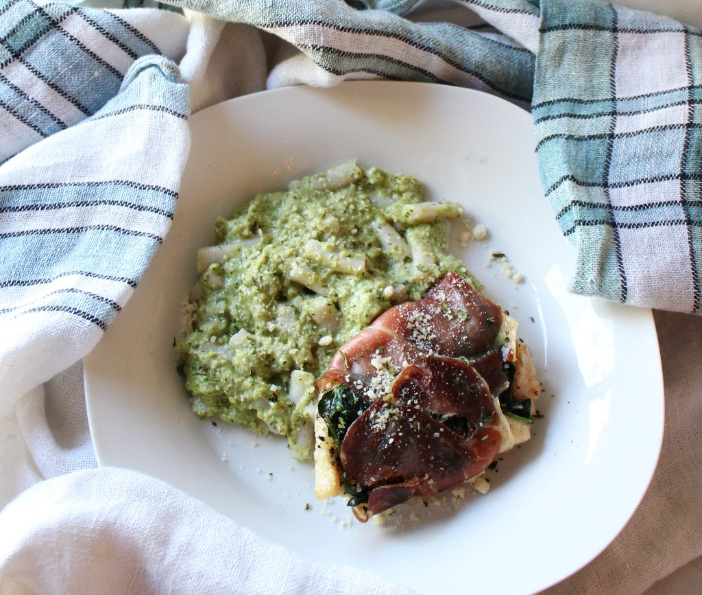 Prosciutto Wrapped Chicken and Spinach w Pesto Macaroni