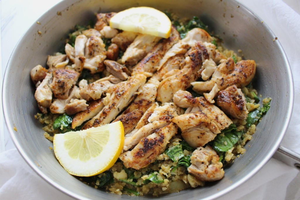 Chicken Thighs Over Buttery Spinach and Rice