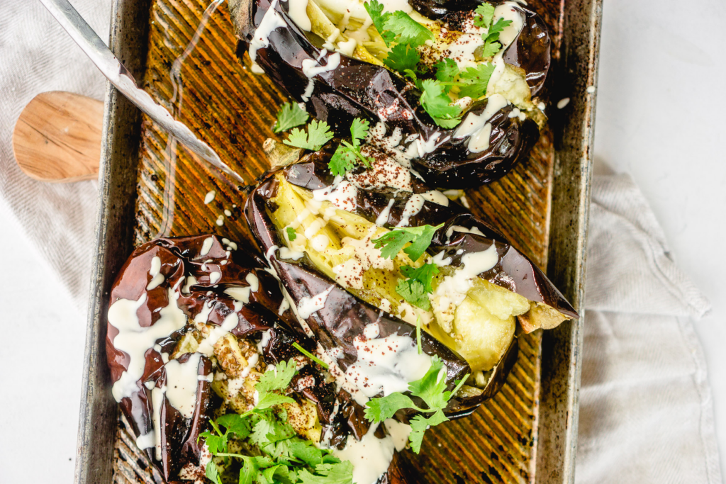 Grilled Eggplant With Creamy Garlic Tahini Dressing