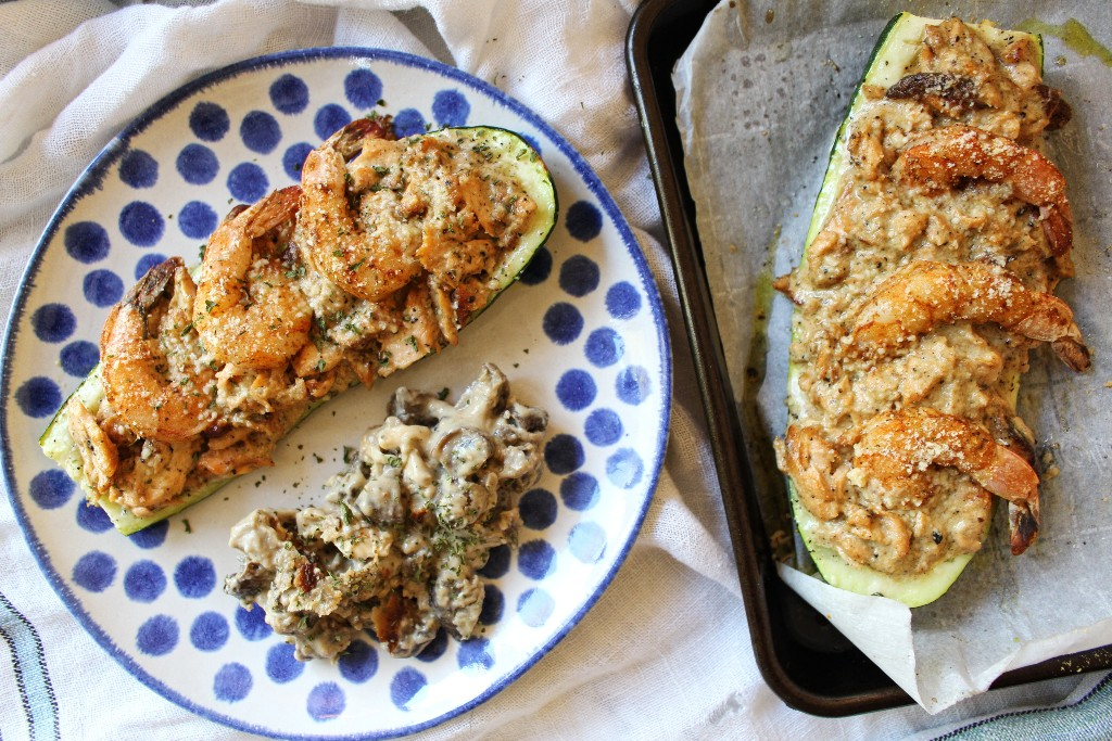 Salmon and Shrimp Zucchini Boats w Cheesy Mushroom Casserole