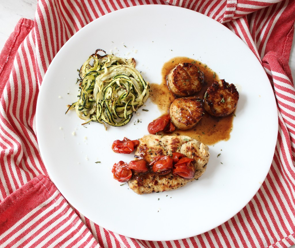 Chicken and Scallops w Crispy Zoodles