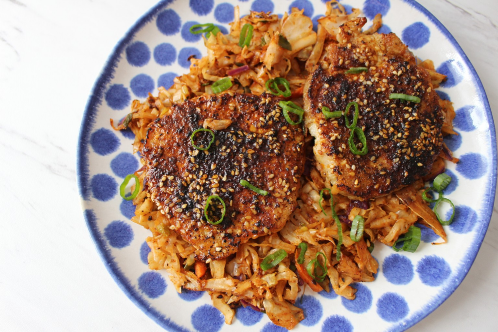 Asian Chili Pork Chops w Sriracha Slaw