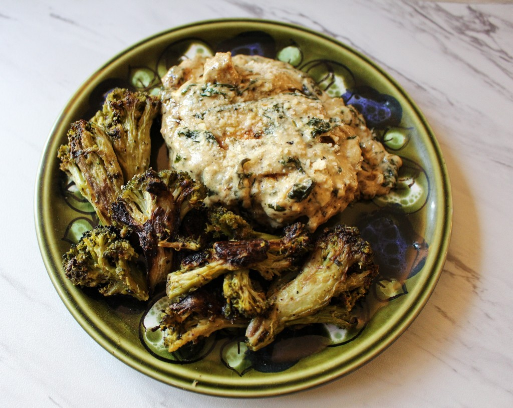 Spinach and Artichoke Smothered Chicken w Tarragon Mustard Broccoli