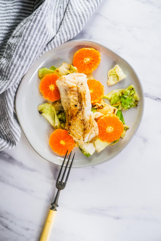 Pan-Seared Pollock with Charred Cabbage and Clementines