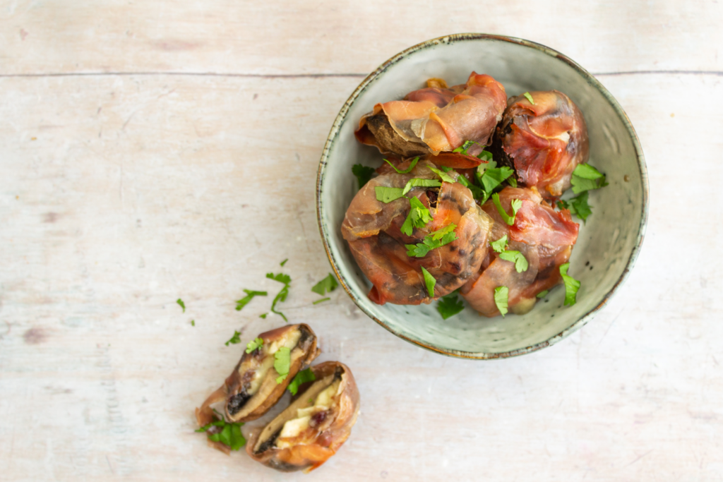 New Years Prosciutto Wrapped Mushrooms