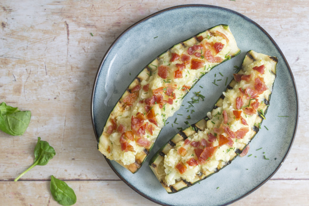 Cheesy Rice Stuffed Zucchini With Bacon