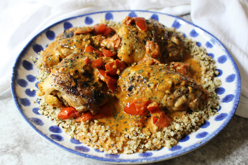 Tomato and Chicken Thigh Skillet w Parsley Cauliflower Rice