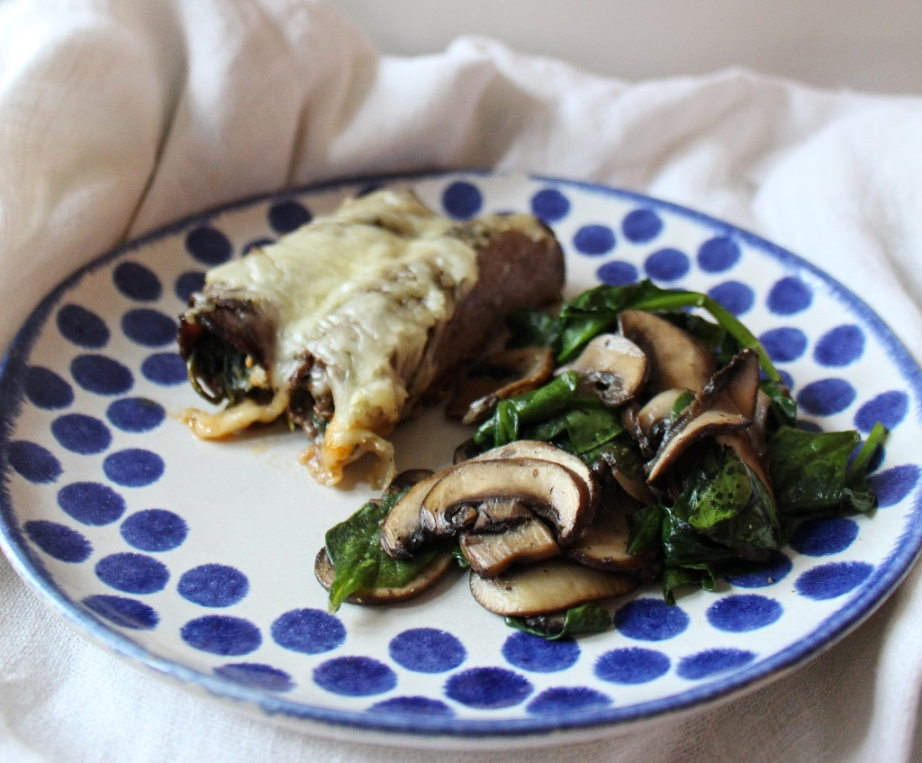 Beef Lasagna Rolls w Red Wine Mushrooms and Spinach