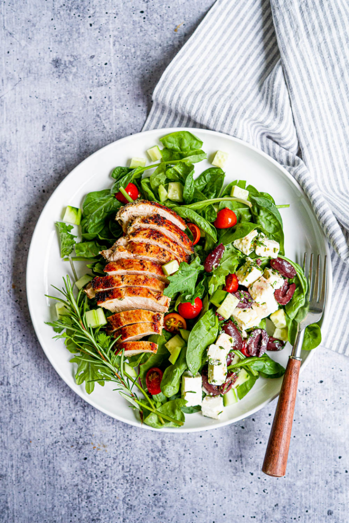 Mediterranean Kale Salad With Pan Seared Chicken Breast