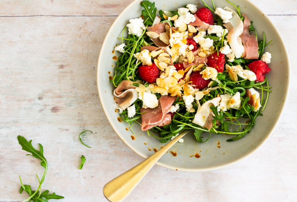 Raspberry, Prosciutto and Goats Cheese Salad