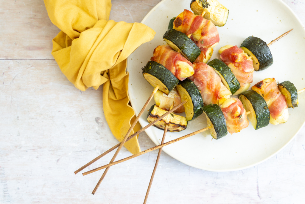 Zucchini, Bacon and Halloumi Skewers