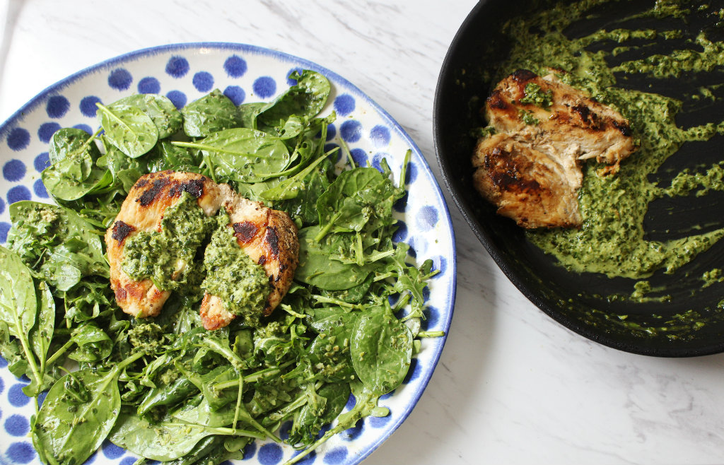 Blackened Chicken Spinach Salad W/ Verde Butter Sauce