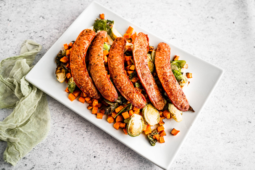 Air Fryer Paleo Sausage Brussels and Sweet Potatoes