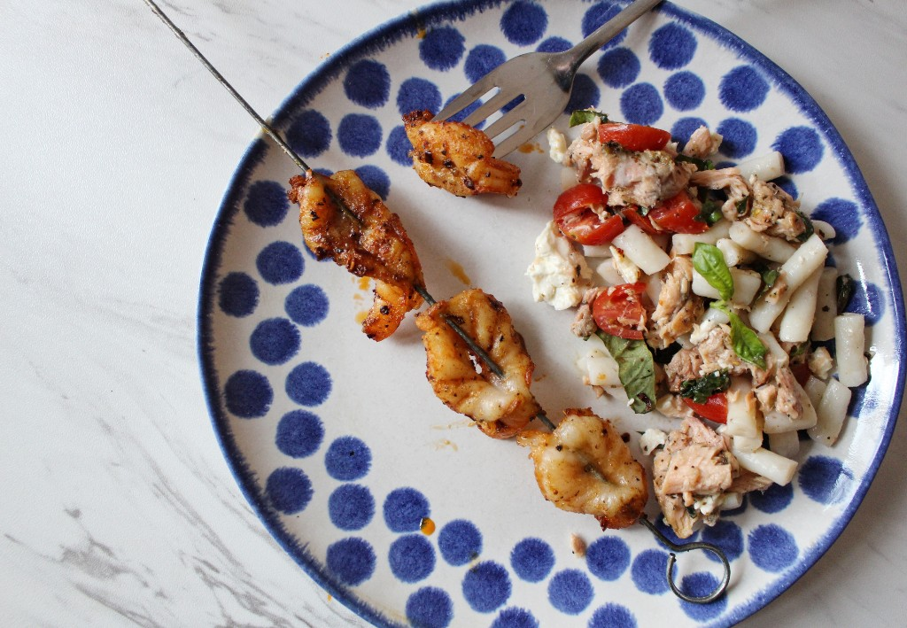 Marinated Butterfly Shrimp with Salmon Pasta Salad