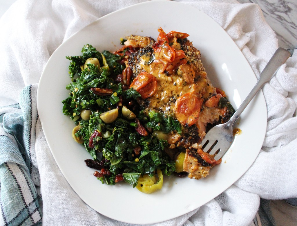 Tuscan Tomato Basil Salmon w Warm Kale Salad