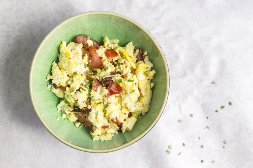 Scrambled Eggs with Goats Cheese and Maple Bacon