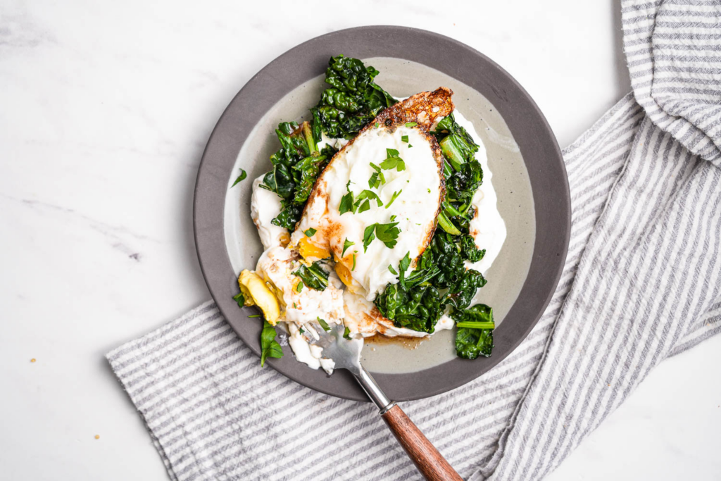 Crispy Egg with Greens Over Yogurt