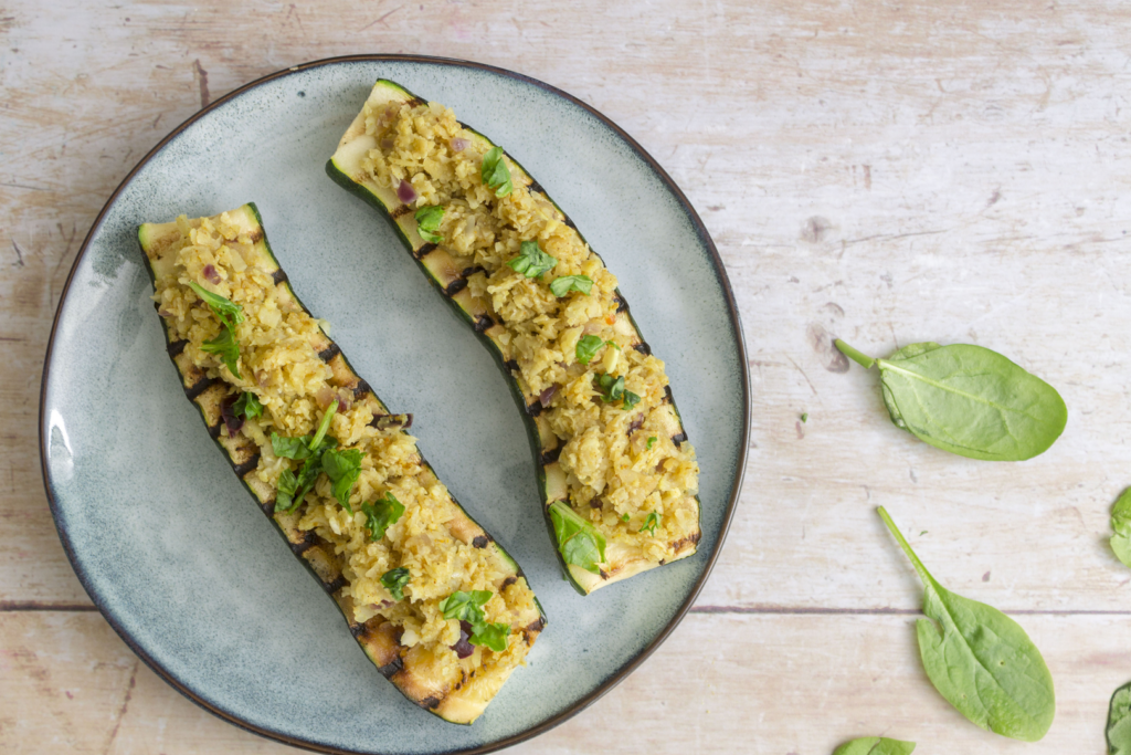 Curried Rice Stuffed Zucchini Boats (vegan)