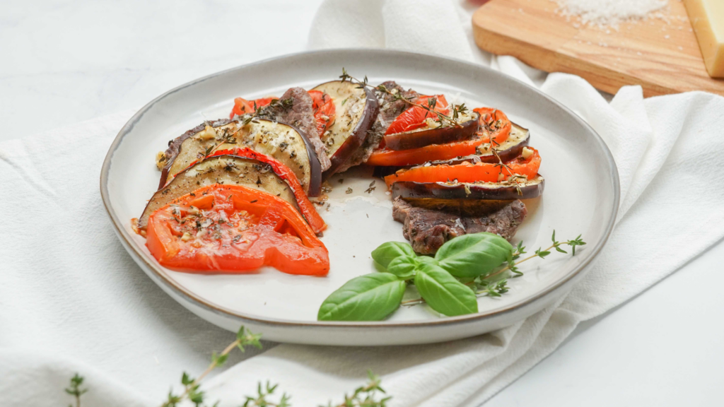 Heirloom Tomato and Eggplant Sheet Tray w Steak