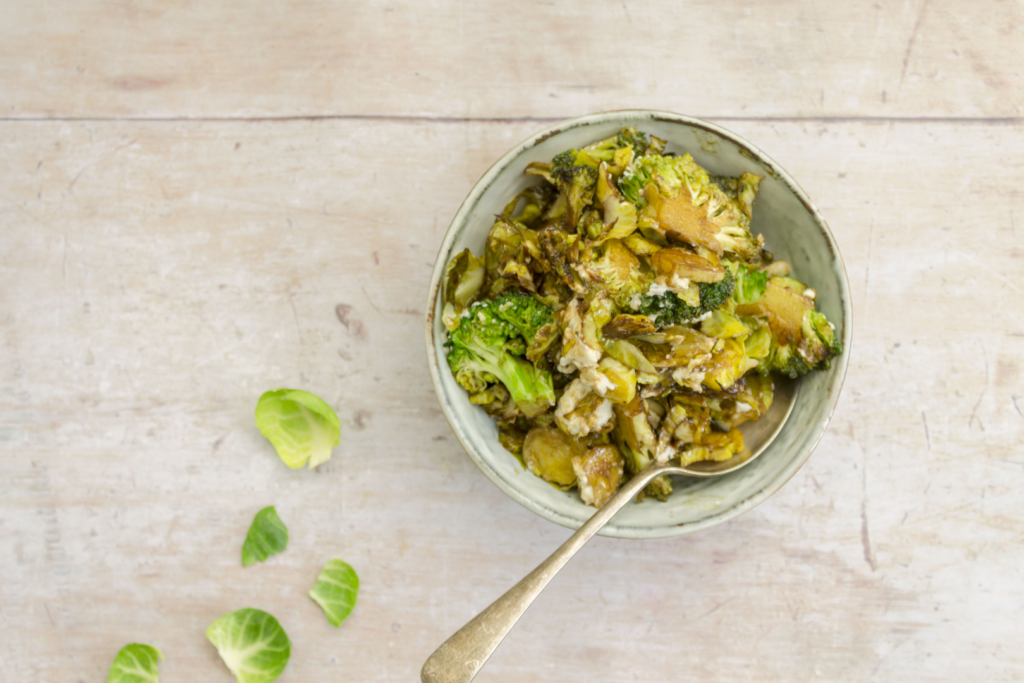 Balsamic Sprouts and Broccoli with Goats Cheese